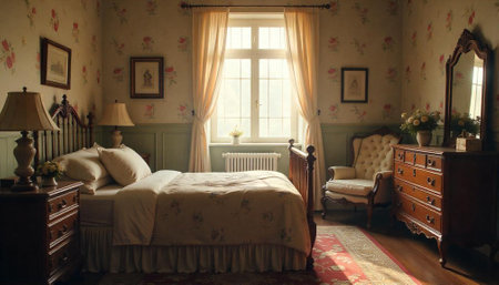 Vintage bedroom with floral wallpaper, wooden furniture and bright windowの写真素材