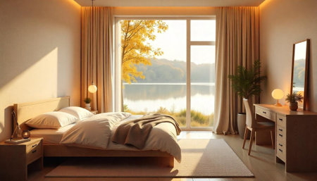 Warm bedroom interior with nature view and soft lightの写真素材
