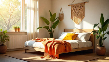 Sunlit bedroom with plants and bohemian decor accentsの写真素材
