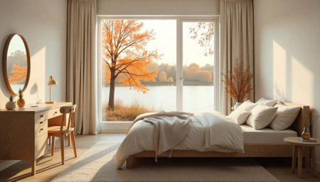 Warm bedroom interior with autumn view and natural lightの写真素材