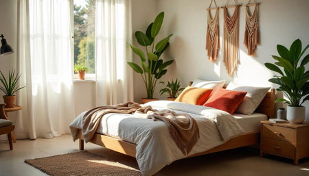 Inviting bedroom with plants, macrame, and natural lightの写真素材