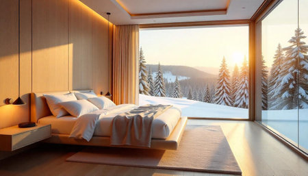 Luxury bedroom interior with snowy mountain view at sunriseの写真素材