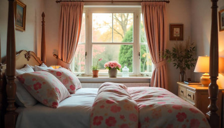 Charming bedroom with floral bedding and window viewの写真素材
