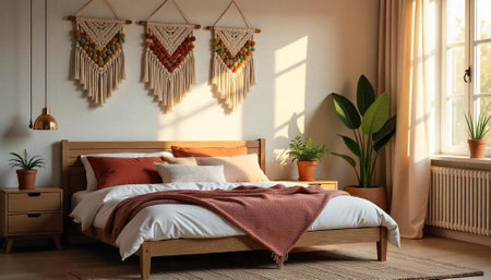 Cozy bedroom interior with natural light and macrame decorationsの写真素材