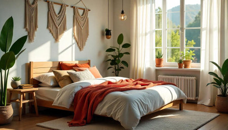 Bright bohemian bedroom with natural light and cozy accents