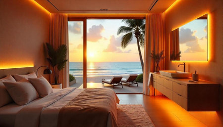 Luxurious beachfront bedroom with ocean view at sunsetの写真素材