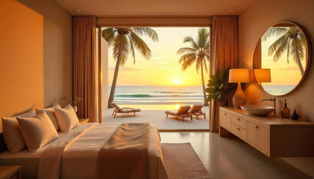 Luxury beachside hotel bedroom suite with ocean view at sunsetの写真素材