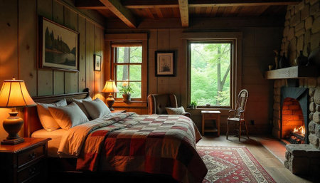Rustic bedroom interior with fireplace and nature view window