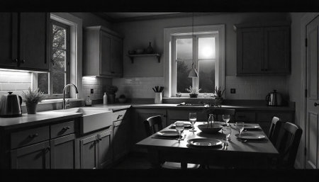 Formal dining table set in a monochrome kitchen scene