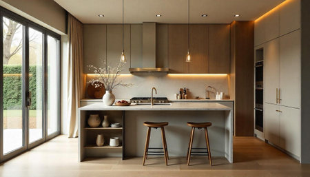 Modern kitchen interior design with island and natural lightの写真素材