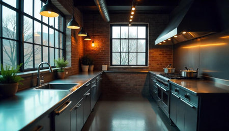 Modern industrial kitchen with brick wall and stainless steelの写真素材