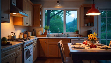Cozy kitchen interior with moonlit window and dinner setupの写真素材