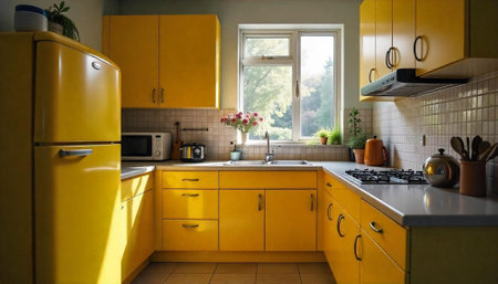 Bright yellow retro kitchen interior with plants and window view