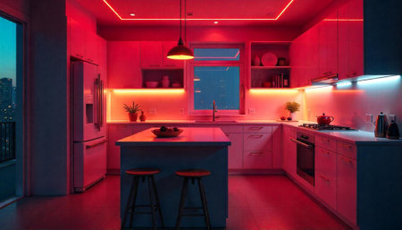 Modern kitchen interior with island and dramatic lighting effectの写真素材