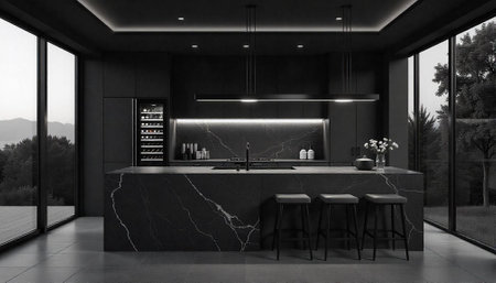 Modern black kitchen with island and nature view