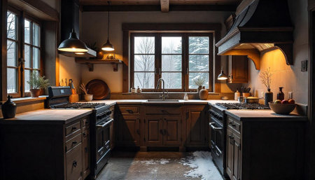 Rustic kitchen interior with snow outside the window scene