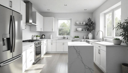 Modern kitchen with stainless steel appliances and marble island