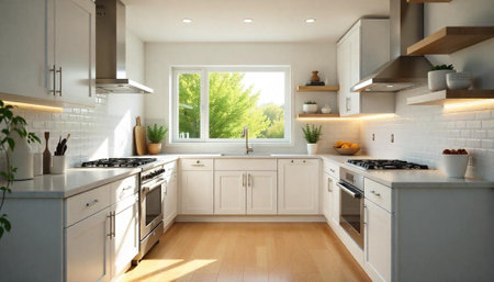 Bright contemporary kitchen with white cabinets and wood floor