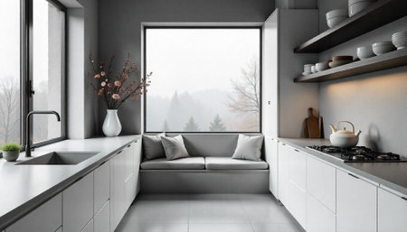Minimalist kitchen interior with view of misty forest outsideの写真素材