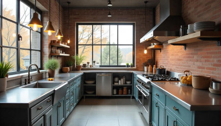 Industrial style kitchen with brick walls and blue cabinets