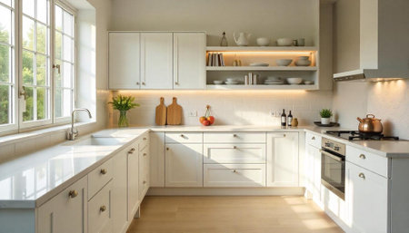 Bright and clean kitchen interior with elegant design elementsの写真素材