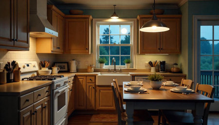 Warm inviting kitchen and dining room with evening ambiance