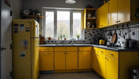 Retro style kitchen with yellow cabinets and vintage refrigeratorの写真素材