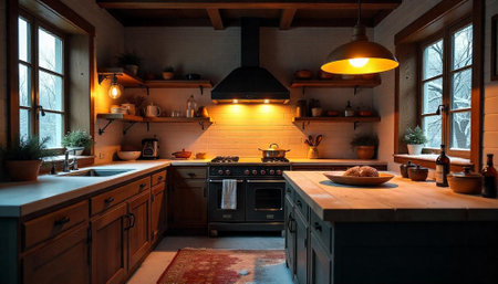 Warm cozy kitchen interior with rustic wooden detailsの写真素材