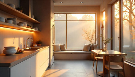 Sunlit kitchen interior with dining table and window seating