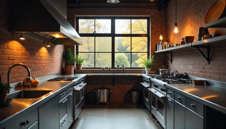 Industrial kitchen interior with exposed brick and metal countersの写真素材