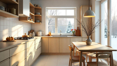 Bright Scandinavian kitchen interior with winter landscape view