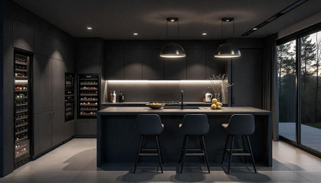 Modern kitchen with black cabinets and kitchen islandの写真素材