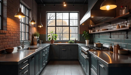 Industrial kitchen interior with brick walls and dark cabinetsの写真素材