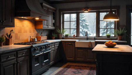 Cozy kitchen interior with winter view from the windowの写真素材