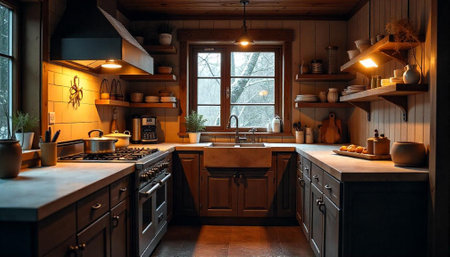 Rustic kitchen interior showcasing warm lighting and farmhouse sink