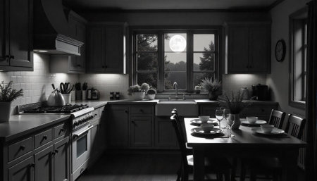 Moody kitchen interior with full moon window viewの写真素材