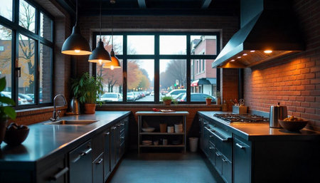 Industrial kitchen interior with brick walls and outside viewの写真素材