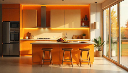 Modern kitchen interior with island in warm orange tones