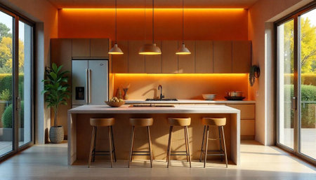 Warm and inviting modern kitchen interior design with islandの写真素材