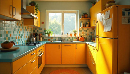 Bright yellow kitchen interior with teal accents and natural lightの写真素材