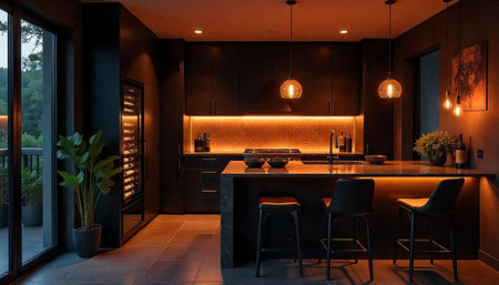 Elegant dark kitchen with warm lighting and modern design