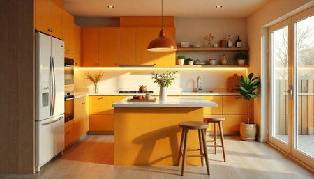 Modern kitchen interior with yellow cabinets and central islandの写真素材