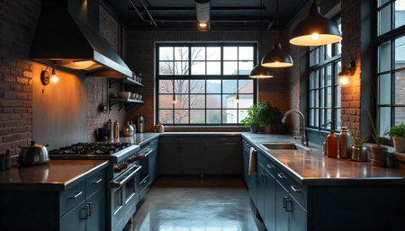Industrial kitchen interior with exposed brick and metal accentsの写真素材