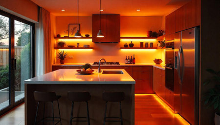 Modern kitchen interior with warm lighting and wood cabinetryの写真素材