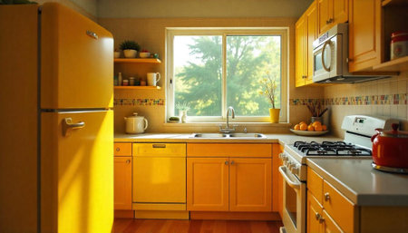 Bright and inviting vintage-style kitchen in yellow tones