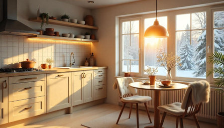 Warm kitchen with sunlight and snowy landscape viewの写真素材