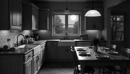 Monochromatic kitchen at night with table set for dinnerの写真素材