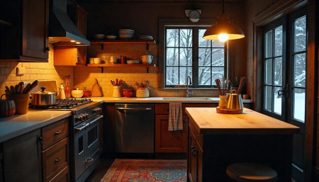 Cozy Kitchen Scene with Winter View and Warm Lighting