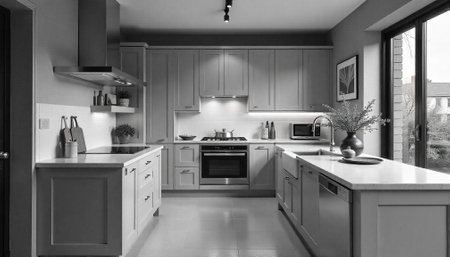 Modern monochromatic kitchen showcasing cabinetry, countertops and appliances