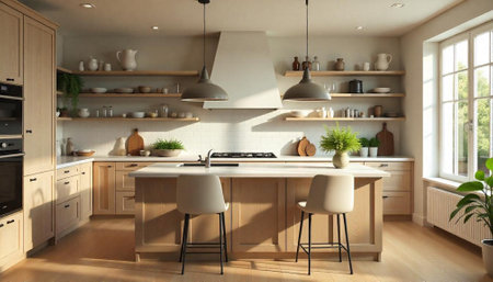 Modern kitchen interior with island, natural light and shelving